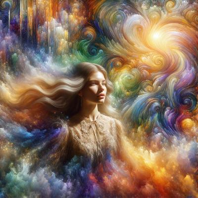 The primary subject of the image is a woman with long blonde hair, who is the focal point of the scene. She is surrounded by a vibrant and colorful background, which includes a mix of swirls, patterns, and bright colors. The visual style of the image is a combination of digital art and illustration, creating a unique and eye-catching composition. The overall atmosphere of the image is lively and energetic, with the woman's presence and the vivid colors creating a sense of movement and dynam